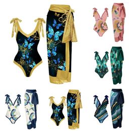 Piece Fashion Swimwear Women Printed V Neck Spaghetti Strap Monokini With Cover Ups Tie Knot Skirt Dress Bathing Suits