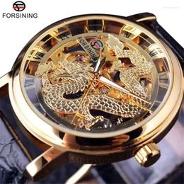 Wristwatches Forsining 36 Leather Mens Watches Top Transparent Skeleton Dragon Mechanical Sport Male Wrist Handwinder