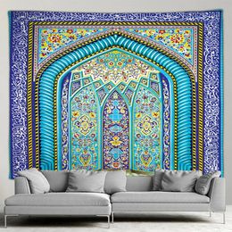 Moroccan Architectural Tapestry Retro Islamic Geometric Pattern Wall Hanging Bohemian Living Room Bedroom Home Wall Decor Mural 240516