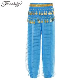 Barnflickor Belly Dance Performance Harem Sequined Poots Chiffon Byxor Arabiska Halloween Carnival Shiny Pants L2405