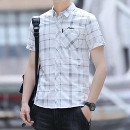 Men's Casual Shirts Plaid Checkered Print Short Sleeve Cotton Shirt Front Patch Chest Pocket Button-down Thin Business Summer