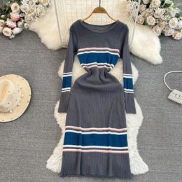 Casual Dresses Birthday Women Chic Female Ladies Vestido Fashion O Neck Striped Patchwork Long Sleeve Korean A Line Elegant Party Dress