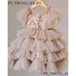 Girls Sequins Tiered Lace Tulle Cake Dresses Ball Gown Kids Beaded Gauze Falbala Fly Sleeve Princess Dress Children Birthday Party Clothes 09F 5Bd