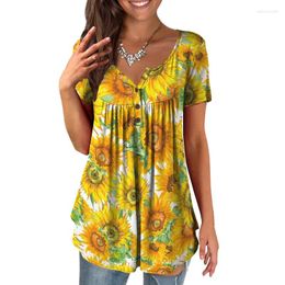 Women's T Shirts Fashion V-neck Floral Print Short Sleeved T-shirt Casual Loose Button Pleated Tunic Top 2024 Trend Clothing Y2k Tops