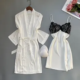 Women's Sleepwear Women Female Nighty&Robe Set Sexy Lace Nightgown Silky Satin Bathrobe Gown Suit Spring Summer Kimono Home Dress