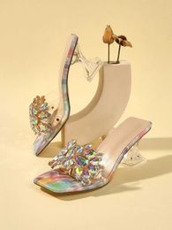 Dress Shoes Fairy open rhinestone decoration thick heel casual summer French style niche womens high heels H240527 DVMX