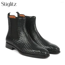 Boots Black Woven Leather Booties Designer Customised Genuine Ankle Stretch Band Almond Toe Elegant Wedding Shoes