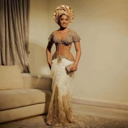 Elegant Embroidery Beads Nigerian Prom Dresses Short Sleeves African Lace Appliques Long Evening Gowns Ivory And Gold Glitter Aso Ebi Bride Reception Dress 2024