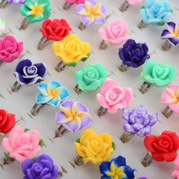 Cluster Rings 20Pcs /Lots Kids Wholesale Mixed Colours Flower Polymer Clay Finger Ring Adjustable For Children Gift