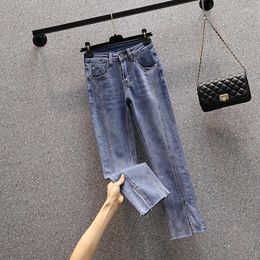 Women's Jeans Split Patchwork Straight Women's Stretch Ankle Length High Waist Pants Femme Elastic Casual Denim Mujer Pantalones Spring