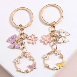 Cute Enamel Keychain Butterfly Sakura Flower Ring Garden Key Chains Friendship Gifts For Women Girls DIY Handmade Jewellery