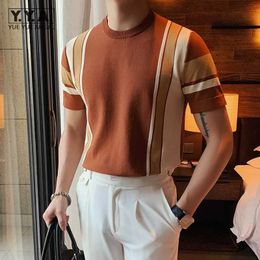 Men's T-Shirts Casual Mens Knitting T Shirt O Neck Slim Fit Short Sleeve Pullovers Top Men Korean Style Fashion Striped T Shirts Plus Size 4XL J240522