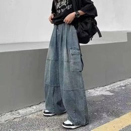 Men's Jeans 2024 Spring Autumn Men Baggy Wide Leg Pants Big Pockets Elastic Waist Streetwear Trousers Male Loose Denim