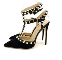 New V Rivet Sandals 2021 Summer Fashion Black Suede with Gold Spiked Stileto Heel Lace Up High Heels Sexy Pointed Tbelt Women037250955