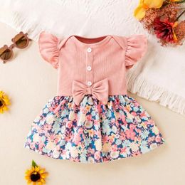 Girl Dresses Born Baby Floral Romper Dress Sleeve Summer Ribbed Cute Bow Jumpsuit Clothes 0-24 Months