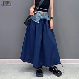 Autumn Japanese Style A-Line Loose Fit Womens Long Blue Black Denim Patched Workwear Casual Unique Jean Skirts JJSK053 240518