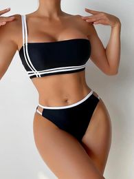 Women's Swimwear Bikinis 2024 Block Color Swimsuit One Shoulder Women Bathing Suit Female Off Two Pieces Bikini Set Biquini