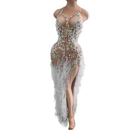 Basic Casual Dresses Pearl tassel mesh dress for women singer dance party birthday celebration high cut long dress sexy dress crystal perspective dress J240523