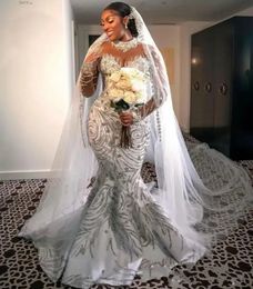 Luxury African Wedding Bride Dress High Neck Sheer Sleeves Crystal Beads Sequin Satin Bridal Formal Gowns Vestido De Noiva Customed Robe De Mariage