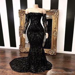 2022 Black Off The Shoulder Mermaid Prom Party Dresses New Long Sleeve Sweep Strain Sequined Formal Evening Gowns 244b