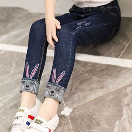 Cartoon Fashion Rabbit Embroidered Jeans Kids Pants Korean Girls Slim-Fit Denim Trousers 3-12 Year Old Children Clothing F24523