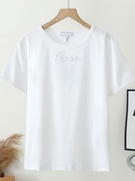 Summer new beaded letter pure cotton T-shirt female comfortable casual round neck women's clothing luxury sweet short-sleeved short-sleeved top 2024