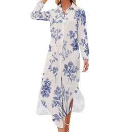 Casual Dresses Vintage Floral Dress Blue Flowers Print Street Fashion Long Sleeve Modern Female V Neck Oversize Chiffon