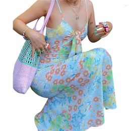 Casual Dresses Women Sexy Slit Dress Blue Floral Printed Pattern Deep V-neck Sleeveless Hollow Out Long S/ M/ L/ XL