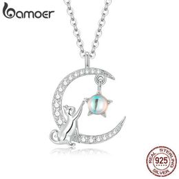Pendant Necklaces BAMOER New Authentic 925 Sterling Silver Cat Moon Cute Animal Pendant Necklace Womens Silver Jewellery Gift SCN486 S2452206