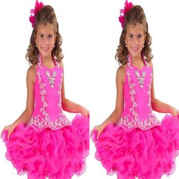 Sweet Pink High Neck Girls Pageant Dresses With Beaded Crystals Tiered Children Birthday Wedding Party Gowns Teenage Princess Toddler D 271U