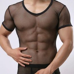 Men's T Shirts Men See Through Blouse Short Sleeve Mesh Shirt Sheer Slim Fit Sexy T-shirt Party Nightclub Thin Breathable Fishnet T-shirts