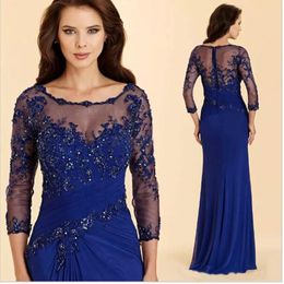 Vintage 3 4 Long Sleeves Lace Mother of The Bride Dresses 2022 with Beads Appliques Floor Length Chiffon Formal Evening Gowns 2666