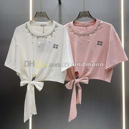 Letter Embroidered T Shirt Women Rhinestone Neck Top Pearl Decoration T Shirts Cotton Fabric Vest