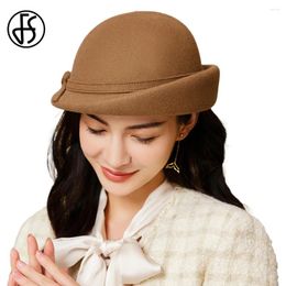 Berets FS British Fashion Elegant Top Hats For Women Wedding Party Cap Warped Edge Beret Ladies Spring Vintage Floppy Wool Felt Fedoras