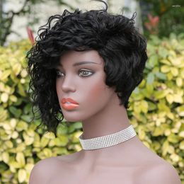 Curly Short Pixie Cut Fully Machine-made Human Hair Wig With Side Parted Remy Brazilian