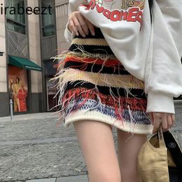 Skirts Ladies American Vintage Trendy Contrasting Striped Tassels Sexy High Waisted A-Line Hip Wrap Short Dress Women's Clothing