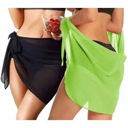Summer Women Short Solid Sarong Swimsuit Coverups Beach Bikini Wrap Sheer Skirt Chiffon Scarf Swimwear 240510