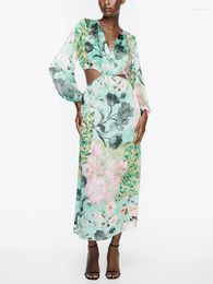 Casual Dresses Waist Cut Out For Women V Neck Long Sleeve Vintage Patchwork Floral Print Dress Side Slit Elegant Chiffon Midi