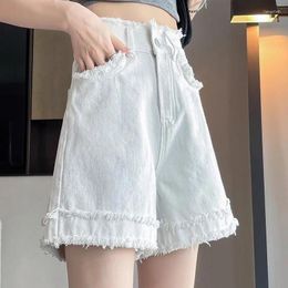 Women's Shorts White Denim Black Summer High-Waisted Button Casual Female -Edge Wide Leg Pants Loose All Match Jean Short