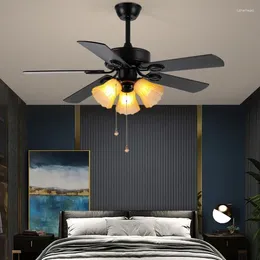 Black Retro Wooden Blades Ceiling Fan Light American Style Iron Silent Simple Lamp LED Chandelier For Dining Room Bedroom