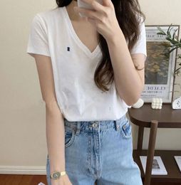 Women Pony Embroidered Rib Cotton Tshirts short sleeves Polos Summer V-Neck Casual Tee Tops Solid Colour female Basic T-shirt