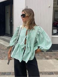 Women's Blouses Summer Lace Up Striped Shirts For Women 2024 Chic Casual O-neck Loose Long Sleeve Female High Street Lady Blouse Tops