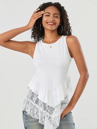 Women's Tanks Wsevypo Summer White Tank Tops Fashion Sleeveless O Neck Lace Mesh Ruffle Hem Vests Streetwear Basic Loose