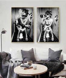 Modern Toilet Sexy Woman Poster Wall Art Bar Girl Smoking and Drinking In Restroom Canvas Prints Painting Picture for Home Decor2606090