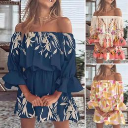 Casual Dresses Women Summer Dress Off Shoulder Elastic Waist Three Quarter Sleeve Loose Ruffle Pleated Vacation Beach Dating Mini