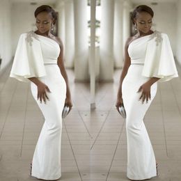 2022 Evening Dresses Pure White One Shoulder Half Sleeve Mermaid Formal Beading African Dubai Women Long Sheath Prom Gown Robe De Soire 323x