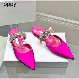 24ss New Rose Satin flat slippers mules Pointed toe Rhinestone decoration women Crystal embellishment banquet dress shoes Luxury Designers Sandals slippers