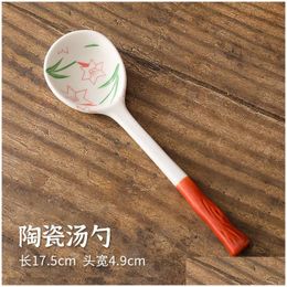 Spoons Ins Style Japanese Stoneware Small Soup-Spoon Ceramic Spoon Long Handle Household Cute Creative Rice Drop Delivery Home Garden Dhutb