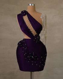 2024 Blue Purple Backless Cocktail Dresses for Women One Shoulder Illusion Sexy Rhinestones Mini Short Prom Dresses Tassel Birthday Dress for Special Occasion C109