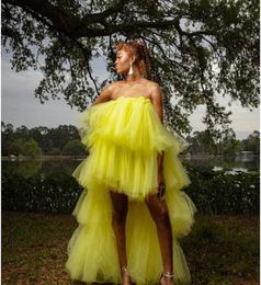 Повседневные платья Желтые слоистые женские жены, платье 2022 Драпированное высокое низкое летние летние платья по стрельбе по выпускной вечеринкам.